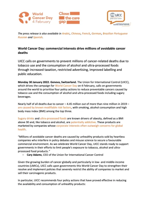 UICC Press release World Cancer Day 2023 Commercial determinants of health press release cover