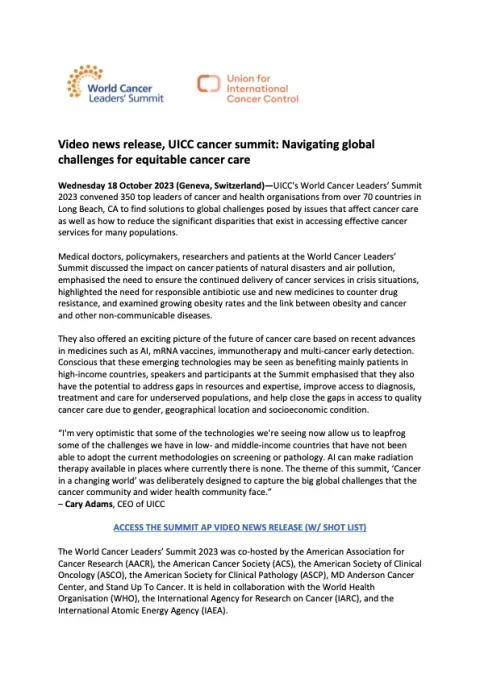 Cover page UICC press release for World Cancer Leaders' Summit 2023