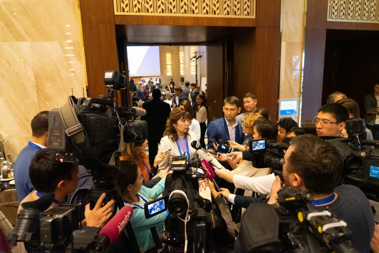 Press interviewing Dilyara Kaidarova at the WCLS 2019