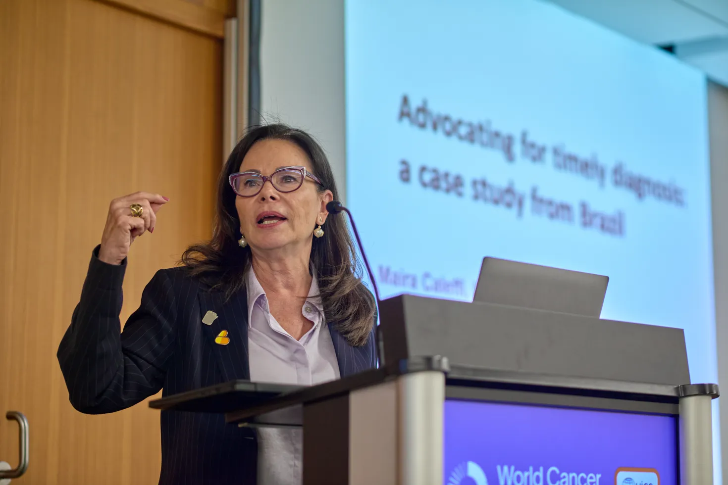 Maira Caleffi speaking at the World Cancer Congress 2022