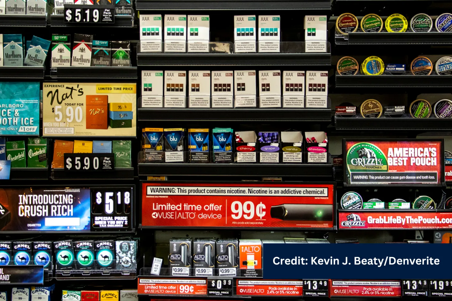 Vape products for sale at a City Park West convenience store. Sept. 30, 2019. (Kevin J. Beaty/Denverite)