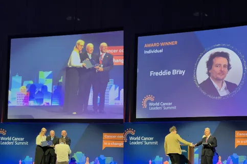 Combined podium shot of award winners being congratulated on stage