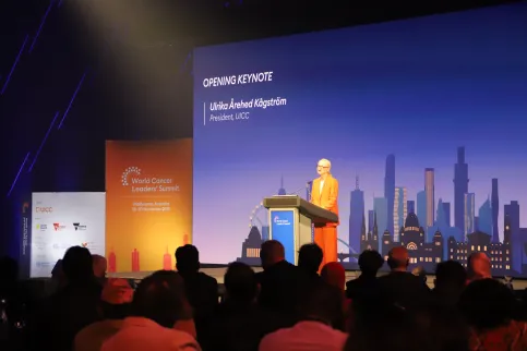 Wide angle shot of speaker at a podium