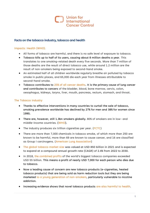 Cover for the Factsheet cancer and tobacco