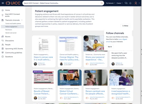 Screenshot of the patient engagement channel on UICC Connect