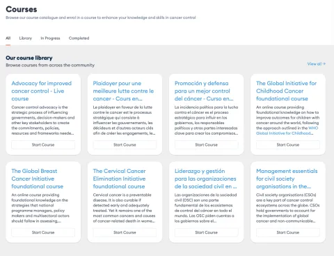 A list of online courses offered on UICC Connect in March 2025